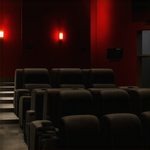 Modern home theater with acoustic panels, tiered seating, and ambient lighting