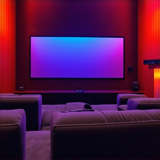 Futuristic Home Cinema with Advanced Technologies A modern home theater featuring high-tech screens and smart lighting controls, emphasizing innovation and immersive experience