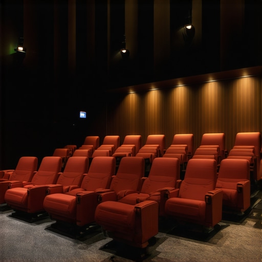 High-tech home theater setup with ergonomic seats and immersive audio A contemporary home theater room featuring adjustable ergonomic seats, acoustic treatments, and a state-of-the-art sound system