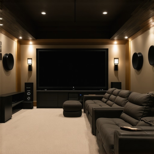 Modern home theater with surround speakers and plush recliners