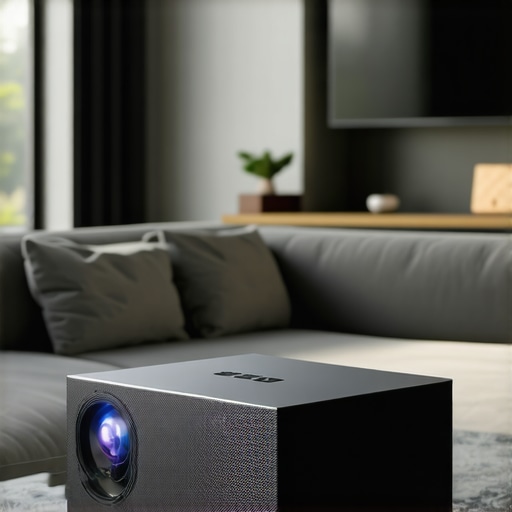 High-tech laser projector displaying vibrant 4K HDR image in modern home theater