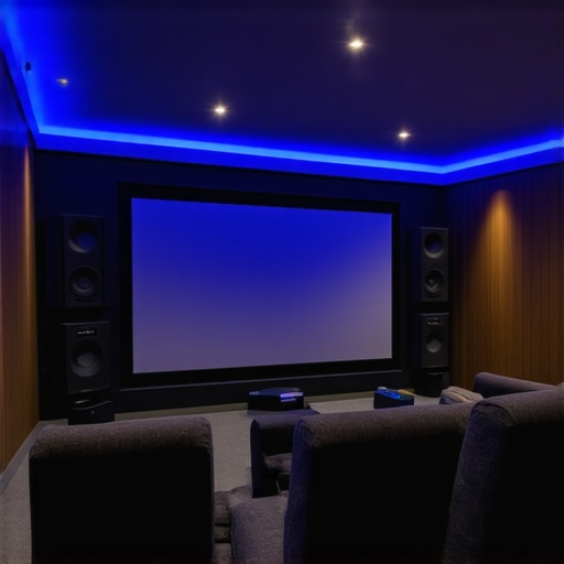 Professional Home Theater Calibration and Acoustic Treatments Home cinema room with calibration tools and acoustic panels for optimal sound and picture quality