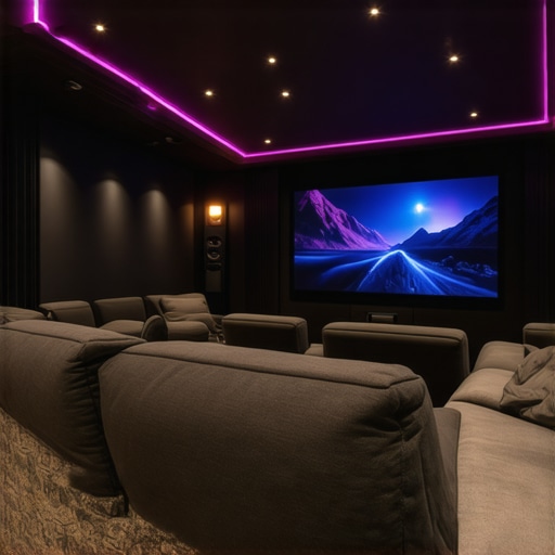 Smart lighting and acoustic treatments in a home theater Home cinema with smart lighting and acoustic panels