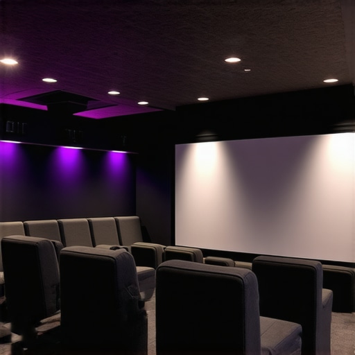 State-of-the-art Home Theater Seating and Acoustic Design A sophisticated home theater with modular seats, acoustic panels, and a premium sound system.