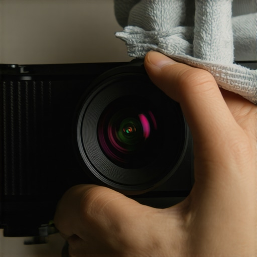 Person cleaning a projector lens with microfiber cloth, close-up shot.