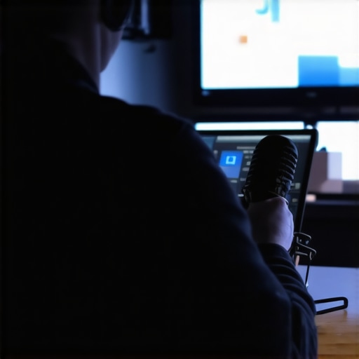 Person calibrating home theater audio with microphone and computer