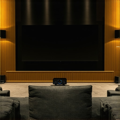 Modern home theater with projector and large screen in a dimly lit room.
