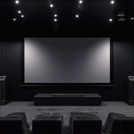 Home Theater Setup 2024 Modern home theater with projector, soundbar, and ambient lighting