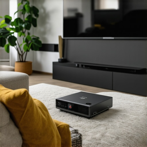 Modern home theater with projector, screen, seating, and sound system