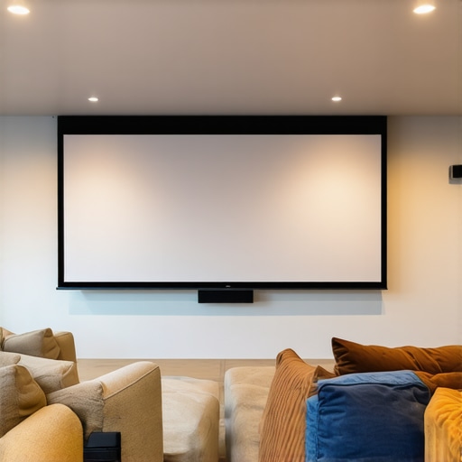 Modern home theater with projection screen and soundbar