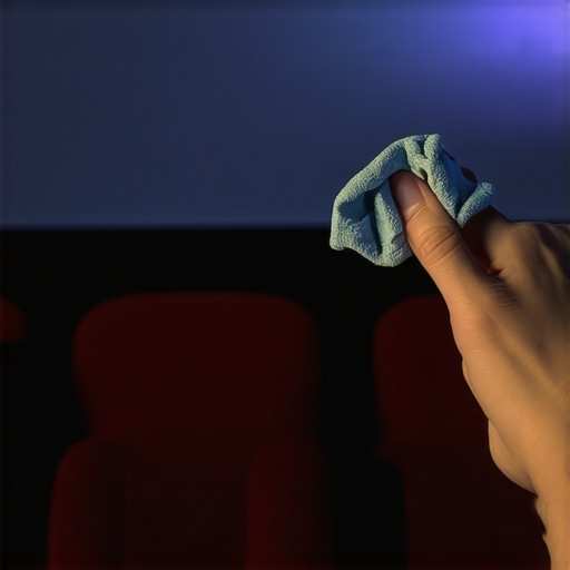 Person cleaning a projector lens with microfiber cloth in a home cinema room.