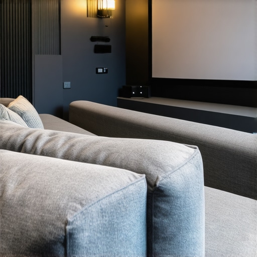 Home cinema room with projector, large screen, and tiered seating