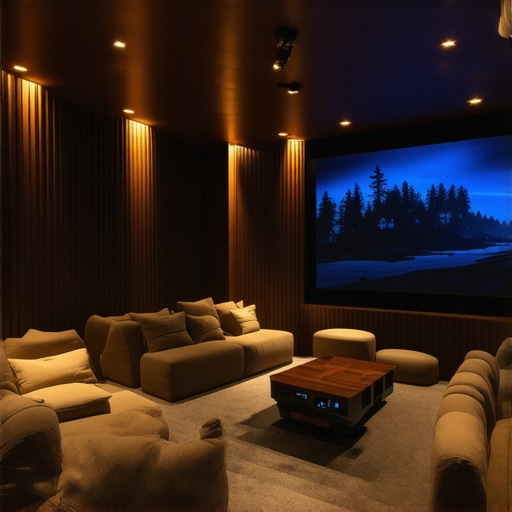 A home theater room with a large projection screen, projector, blackout curtains, and comfortable seating.