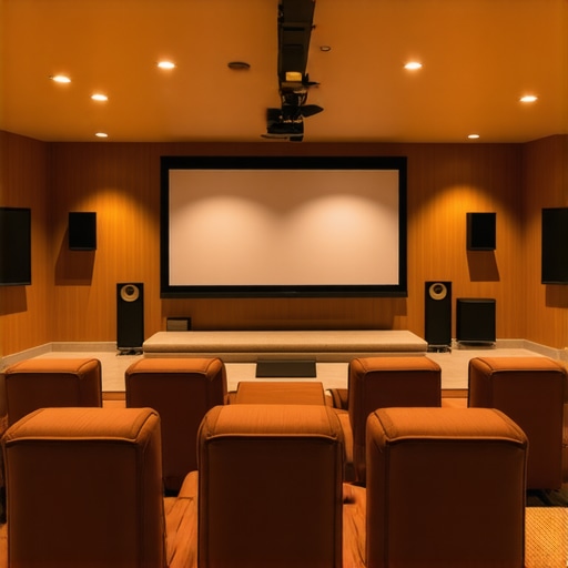 Modern home theater room with projector, screen, seating, and audio equipment