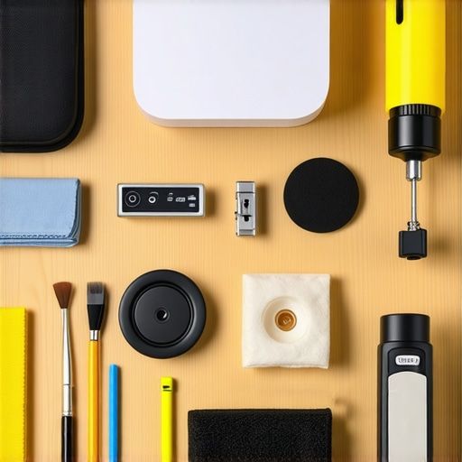 Tools for maintaining and cleaning a home theater projector, including microfiber cloths and calibration discs.