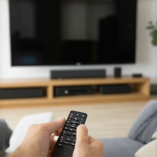 Person fine-tuning audio settings on a remote in front of a home cinema setup.
