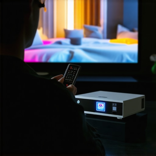 A person adjusting projector settings with a colorimeter device in a sleek living room home theater.