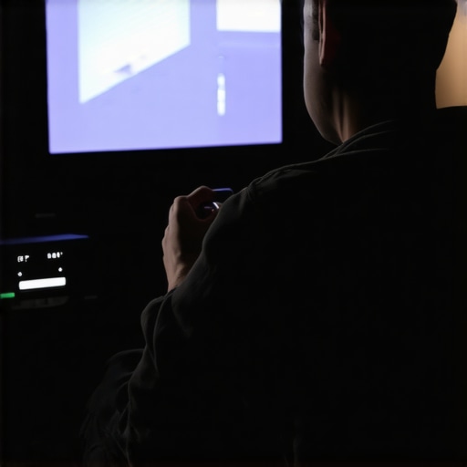 Technician calibrating a projector with professional tools in a dark room