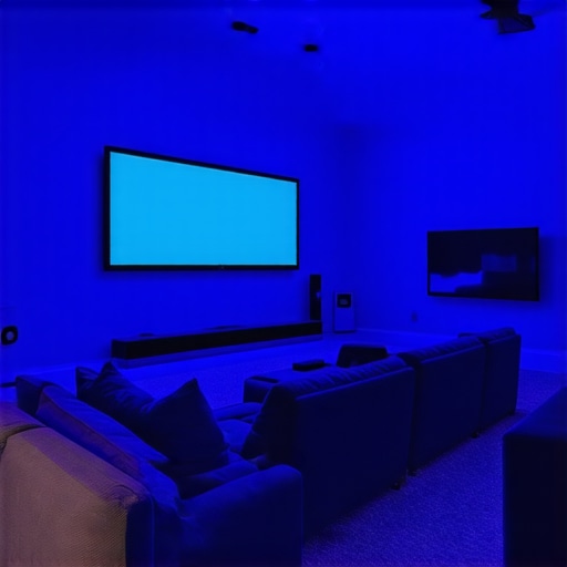 A sleek home theater with projector, screen, soundbar, and comfortable seating.