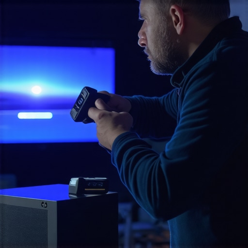 Homeowner using calibration and cleaning tools on projector and sound system in a sleek home theater