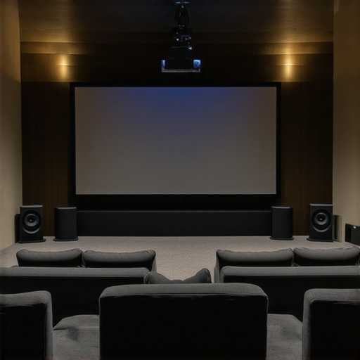A sleek home theater room featuring a bright projector, expansive screen, surround sound speakers, and plush tiered seating.