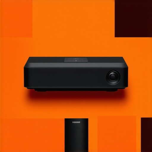 A well-arranged home theater with a soundbar below the TV, projector on the ceiling, and ambient lighting.