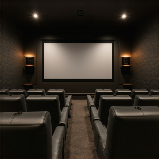 Optimized Home Theater Room Setup A modern home theater with acoustic treatment, well-placed seating, and a large projection screen for immersive experience.