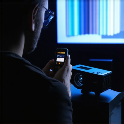 Professional projector calibration setup A person using a colorimeter and calibration software on a laptop in a home theater setting.
