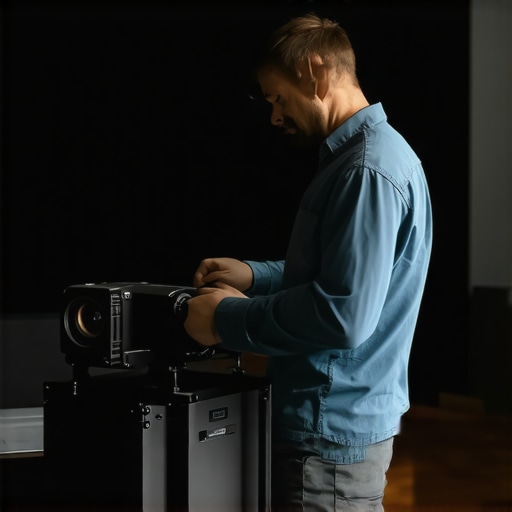 Technician adjusting projector settings with calibration tools in a home cinema room