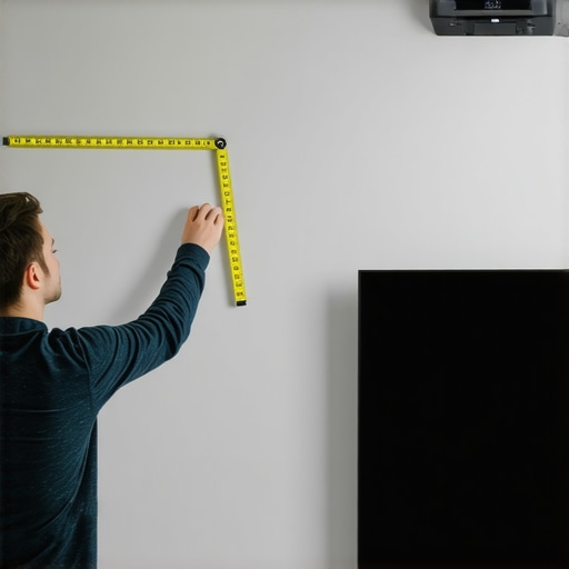 Person measuring room for projector placement, ceiling-mounted projector in a modern home theater.