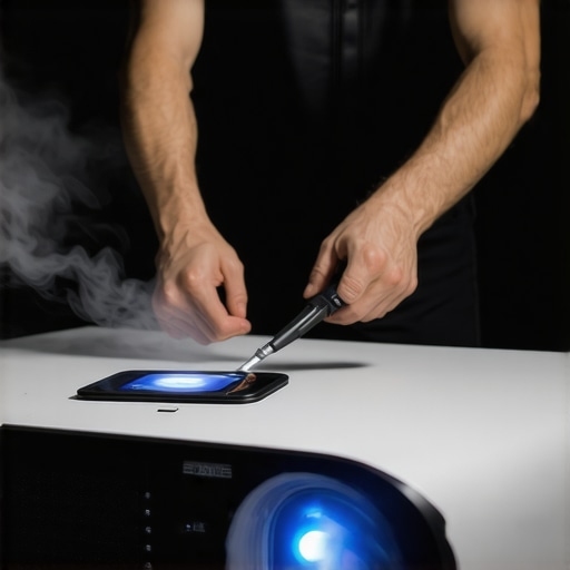 Person using compressed air to clean projector vents in a home cinema