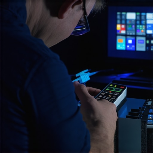Essential Tools for Long-Term Home Theater Maintenance Technician maintaining a home theater with calibration device and network diagnostics equipment.