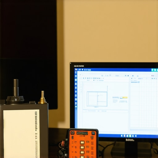 Home Theater Calibration Tools in Action A technician calibrating a home theater system using specialized tools and software.