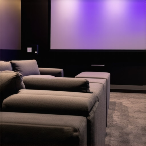 Home Theater Setup with Projector and Modular Seating Modern home theater with projector, large screen, comfortable modular seating, and immersive audio system.