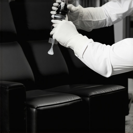 Close-up of hand applying silicone lubricant to the motor of a theater seat