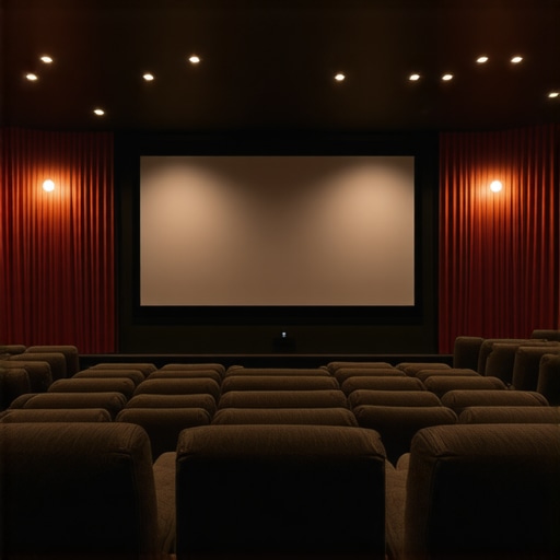 A modern home theater with ambient light-rejecting projection screen and controlled room lighting.