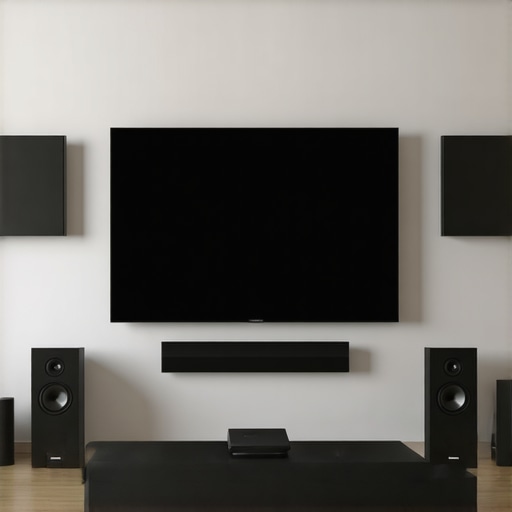A sleek home theater setup featuring a soundbar, wall-mounted speakers, and a large screen, illustrating ideal speaker placement for immersive audio.
