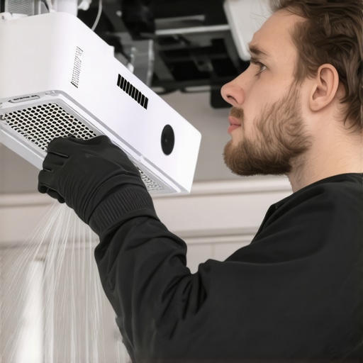 Projector Maintenance Scene Technician using compressed air to clean a home theater projector lens