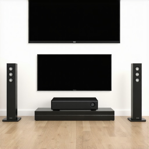 Modern home theater with projector, soundbar, and adjustable screen