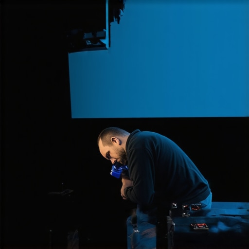 A professional using calibration tools to fine-tune a projector in a home theater