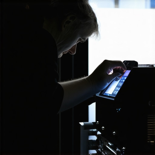 Technician calibrating high-resolution projector with specialized tools in home theater setting.