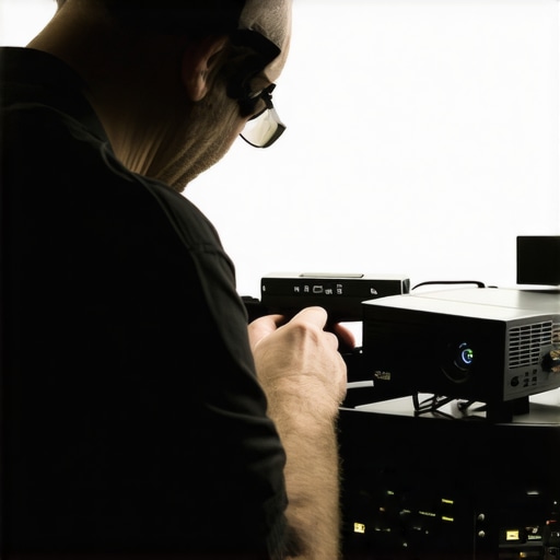 Technician using laser measuring device to calibrate a home theater projector.
