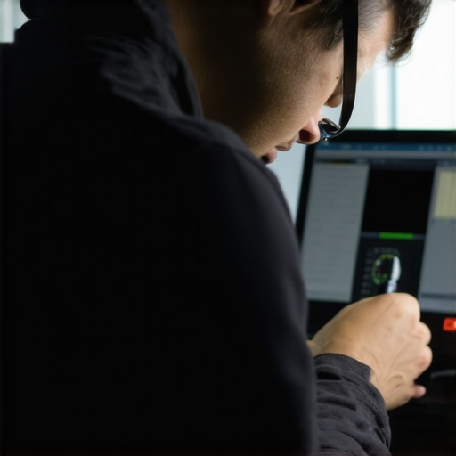 Technician calibration setup for home theater projector with digital tools and software.