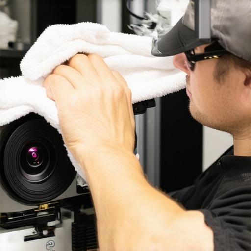 Technician cleaning projector lens to maintain clarity in a home theater setup.