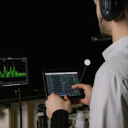Technician calibrating projector and analyzing Wi-Fi signals in a sophisticated home cinema setup