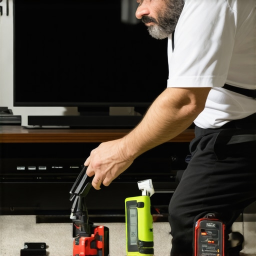 Person using tools to maintain and calibrate a home theater setup, including projector, sound system, and seating.