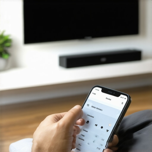 A person tuning their soundbar using a smartphone app in a cozy home theater setting