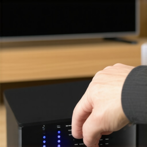 Person reconfiguring router to eliminate wireless interference affecting soundbar performance.