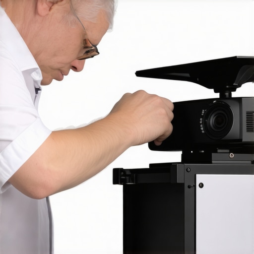 A technician fine-tuning a home theater projector lens for perfect focus.