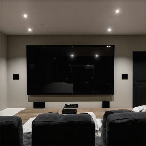 A contemporary home cinema with cables concealed behind walls and devices mounted discreetly.